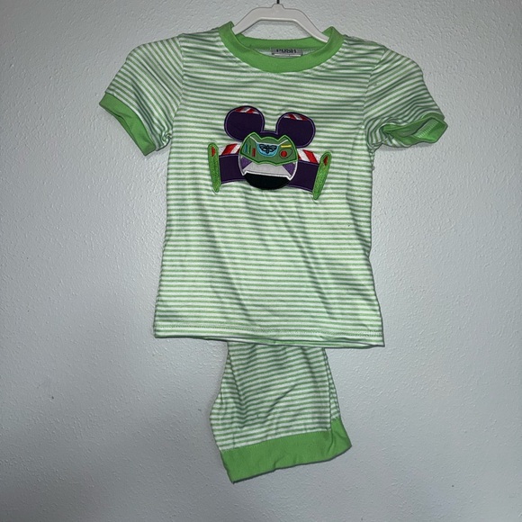 Posh Other - Mickey Green Striped Kids Pajama Set with Buzz Mouse Appliqué